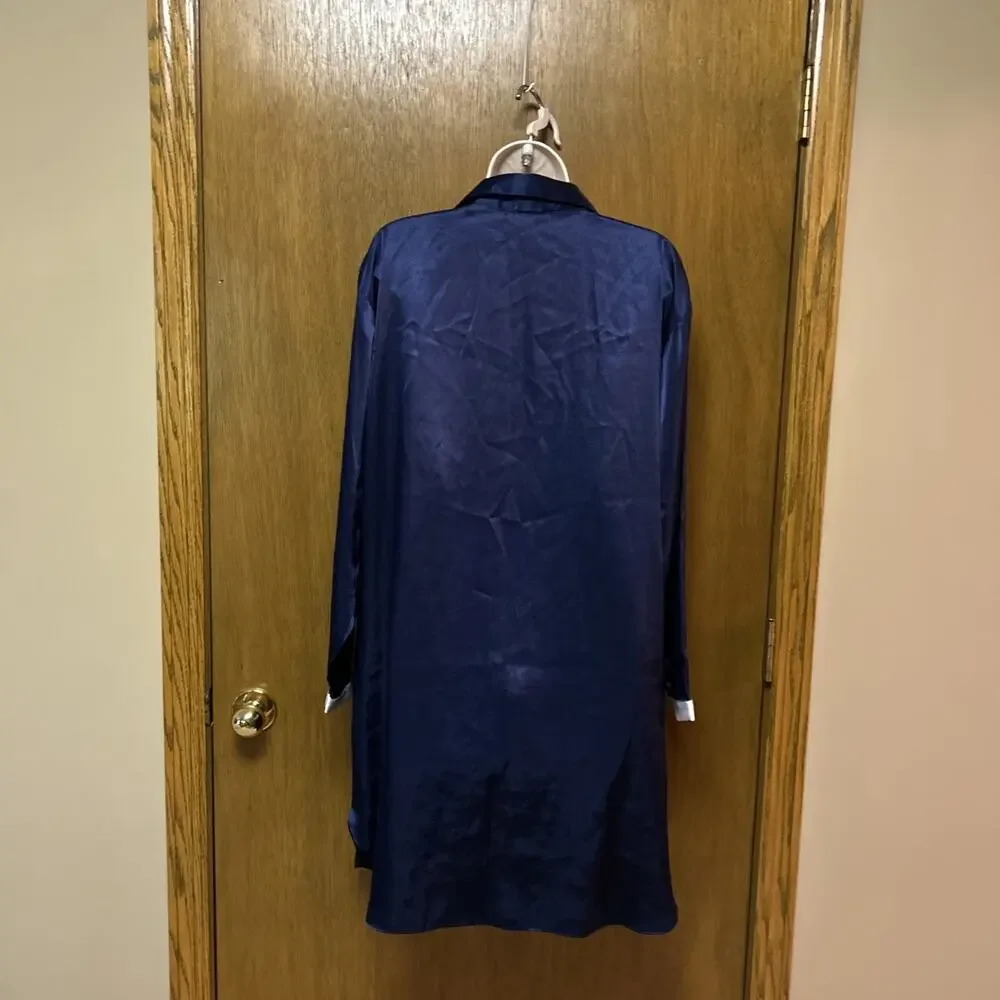 Morgan Taylor Intimates 2X NIGHT SHIRT Liquid SATIN Button Front NAVY BLUE F25 - Picture 5 of 9